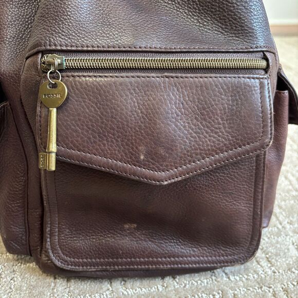 Fossil VTG Leather Backpack Brown Drawstring Boho Multi-pocket Key Charm 75082 - Picture 2 of 13